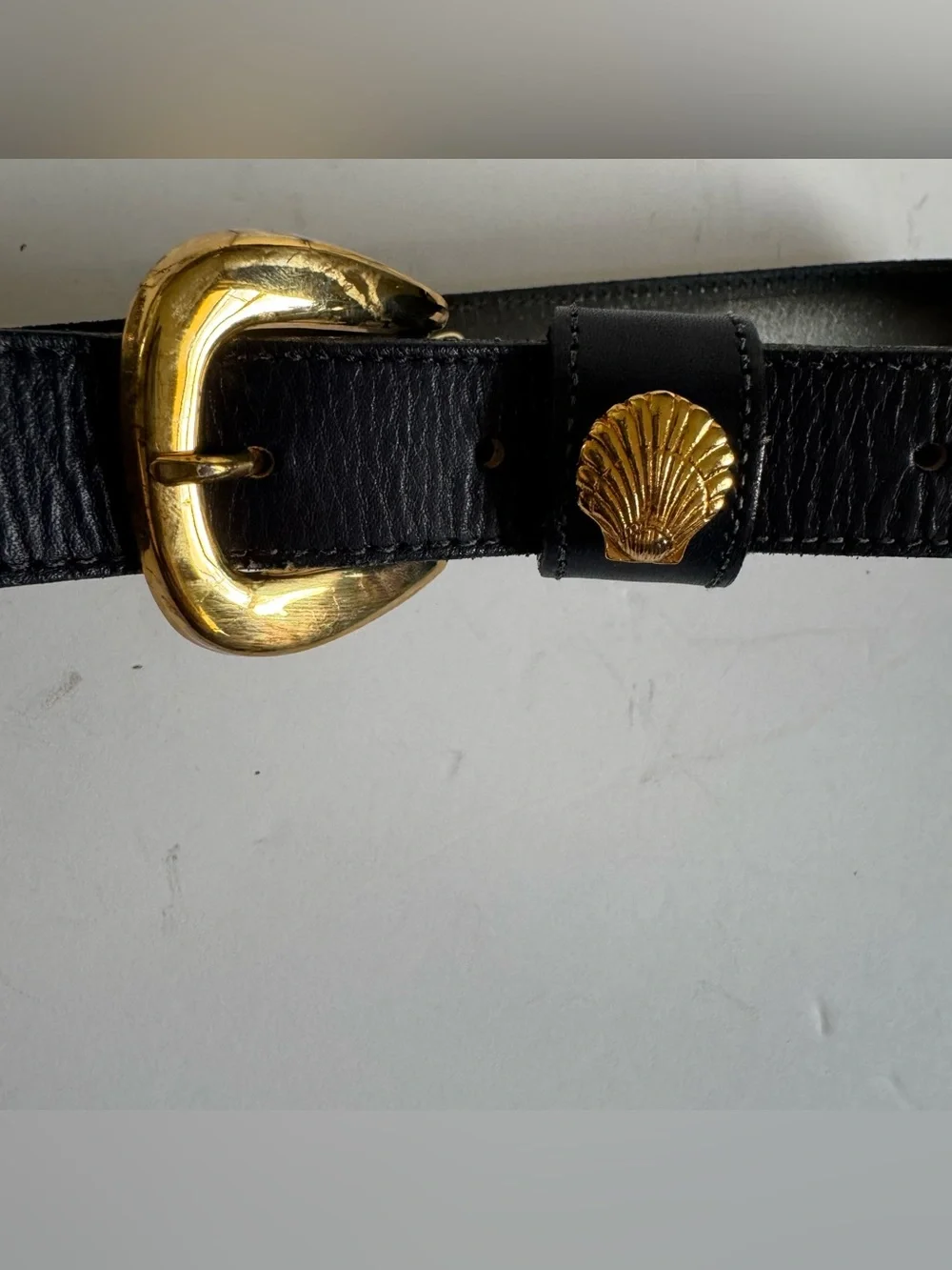 Vtg Brooks Brothers Navy Blue Calfskin Leather Belt M Gold Shell Coastal Preppy